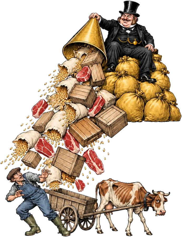 Caricature d'un banquier de la City du XIXe siècle qui déverse, du haut de ses sacs d'or, des marchandises bon marché sur un paysan français d'aujourd'hui