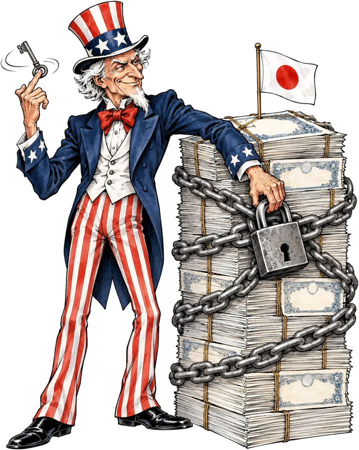 Caricature de l'Oncle Sam cadenassant une pile de bons du Trésor surmontée d'un drapeau japonais