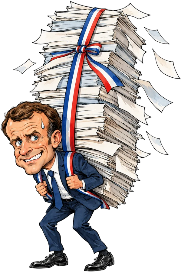 Caricature d'Emmanuel Macron pliant sous une pile de titres de dette ficelée d'un ruban tricolore