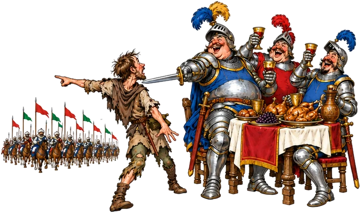 Caricature de chevaliers français attablés en armure, qui menacent de l'épée un éclaireur venu les prévenir de l'arrivée des Turcs