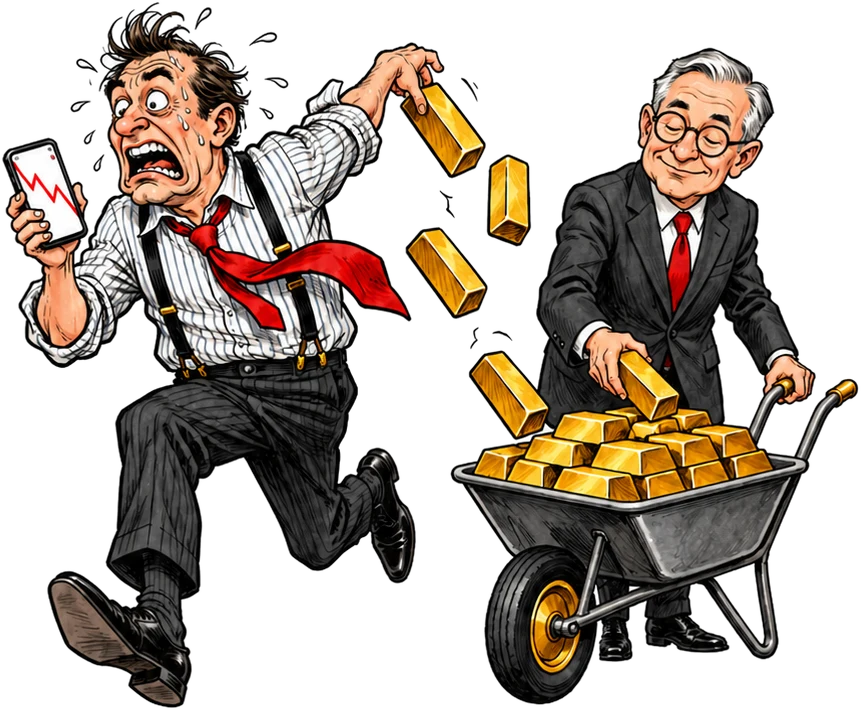 Caricature d'un spéculateur de Wall Street qui s'enfuit en jetant ses lingots d'or, pendant qu'un banquier central impassible les ramasse dans sa brouette