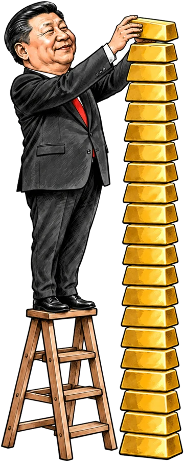 Caricature de Xi Jinping qui pose calmement un lingot de plus au sommet d'une très haute pile