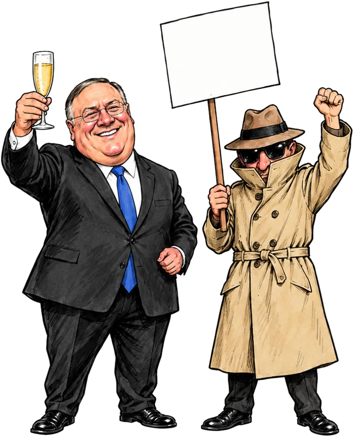 Caricature de Mike Pompeo qui lève une coupe de champagne à côté d'un espion en imperméable déguisé en manifestant