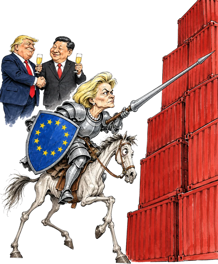 Caricature d'Ursula von der Leyen en Don Quichotte chargeant seule une pile de conteneurs, pendant que Trump et Xi Jinping trinquent