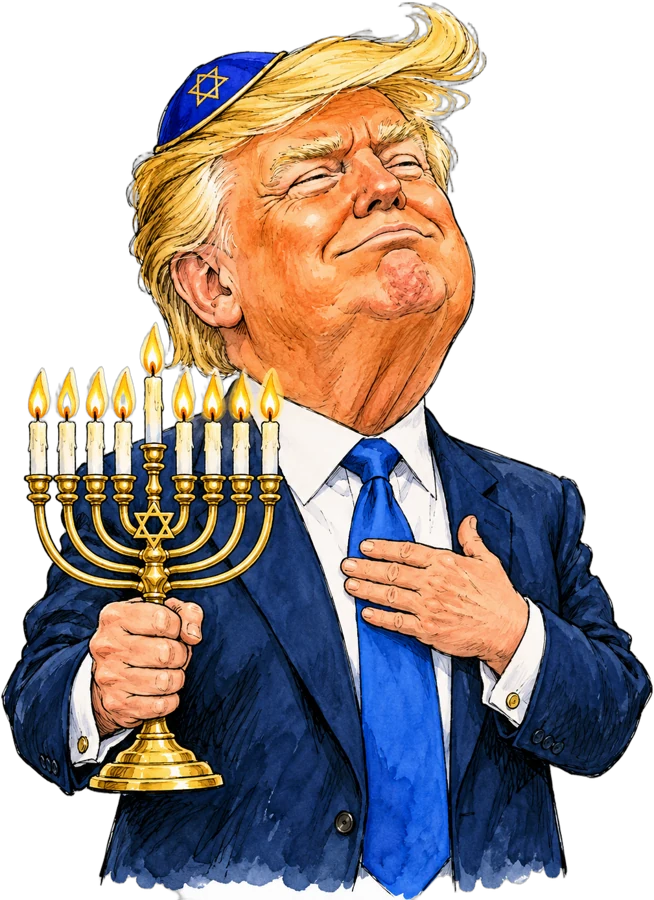 Caricature de Donald Trump coiffé d'une kippa, un chandelier de Hanoukka à la main