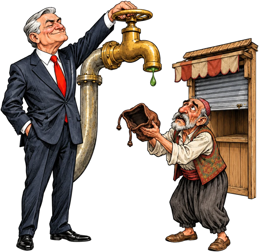 Caricature d'un haut fonctionnaire américain satisfait qui ferme un énorme robinet, sous lequel un marchand du bazar de Téhéran tend une bourse vide