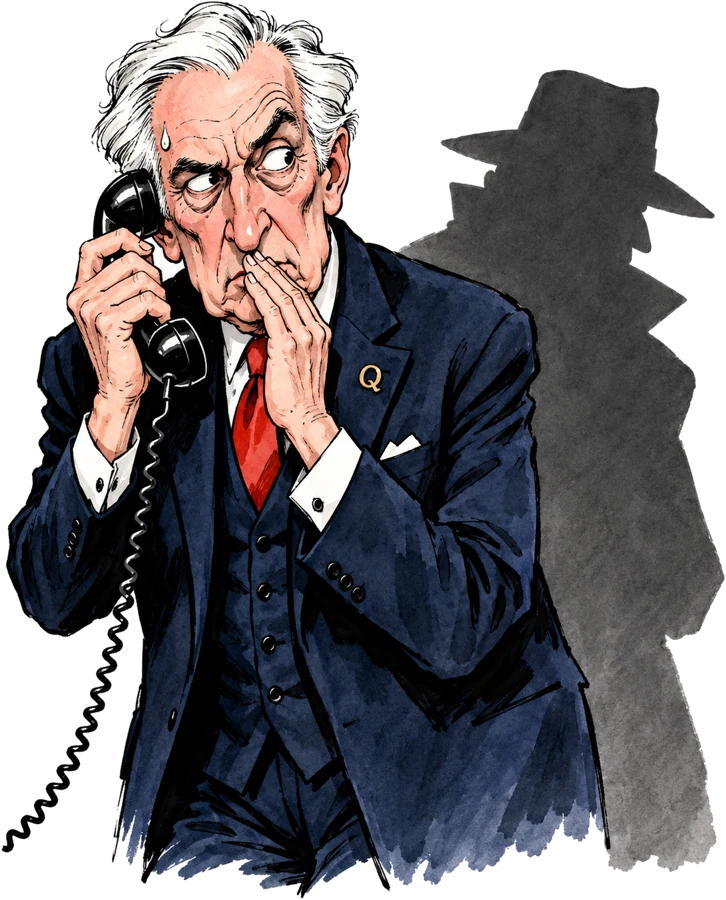Caricature d'un vieil avocat au téléphone, dont l'ombre a la silhouette d'un espion