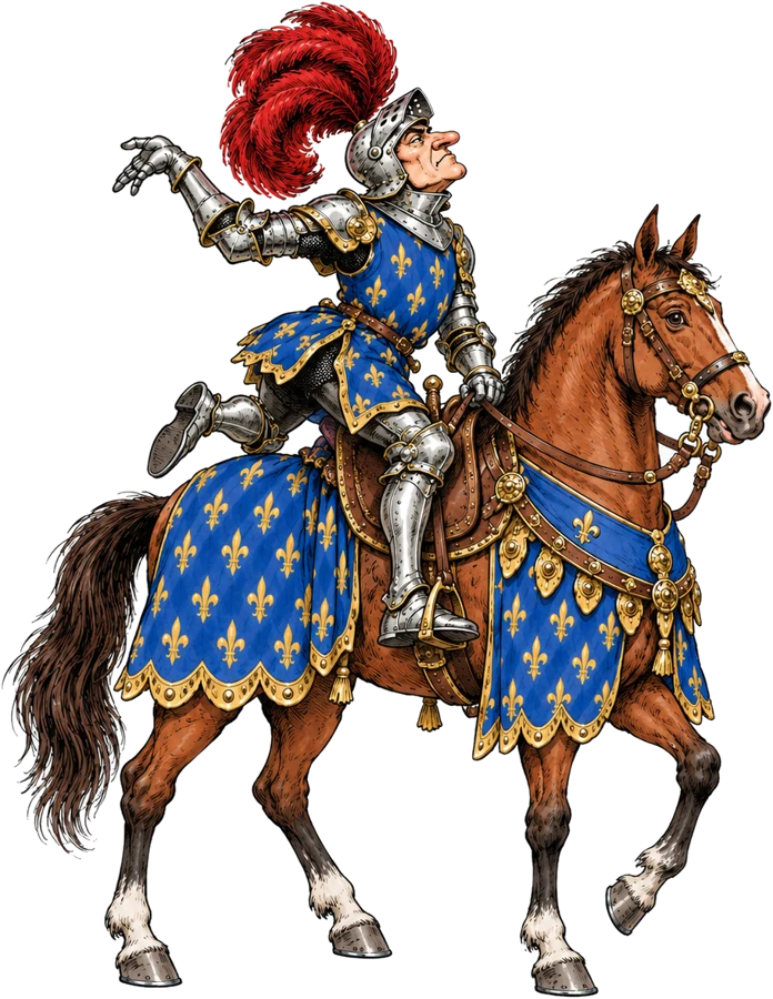 Caricature du connétable de France, hautain, qui donne un ordre par-dessus son épaule sans se retourner, avant de charger