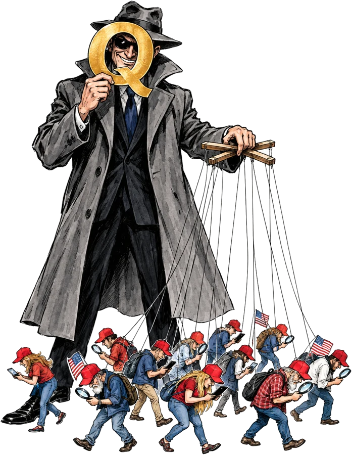 Caricature d'un espion masqué derrière un grand Q, qui tire les fils d'une foule de supporters penchés sur leurs loupes