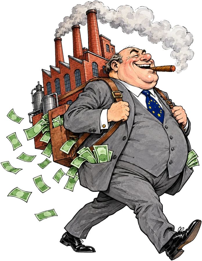 Caricature d'un gros patron européen qui part en emportant son usine sur le dos, les poches pleines de billets